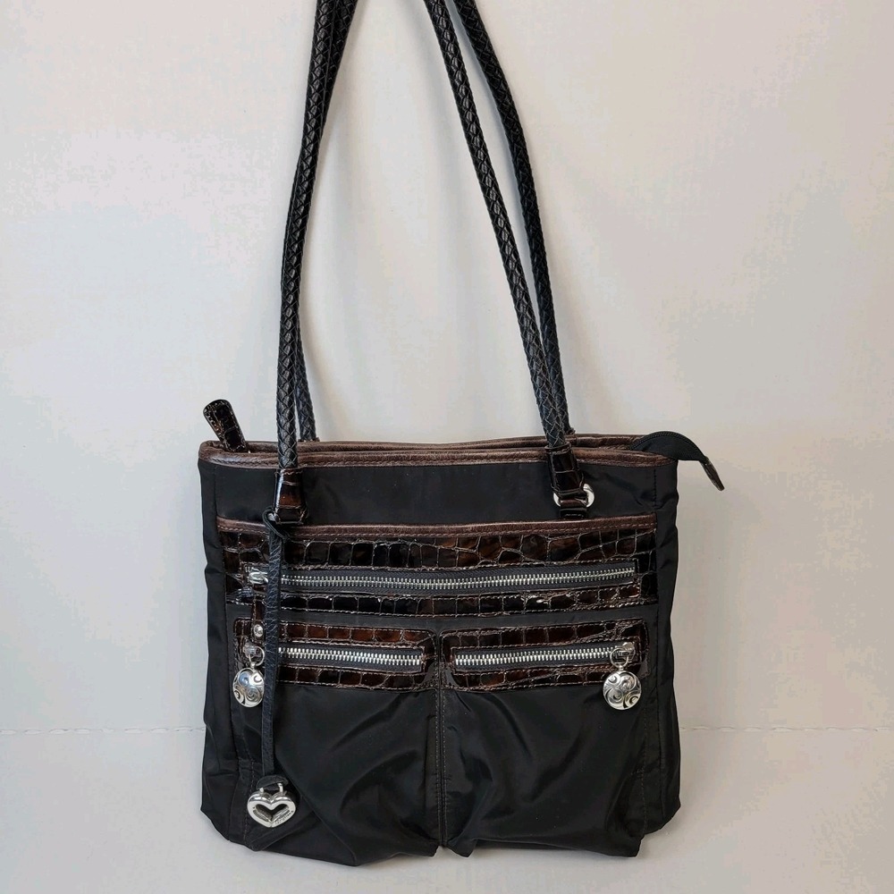 Brighton Bag Black Brown Leather Trim Zip Pockets Charm Organizer Purse CLEAN